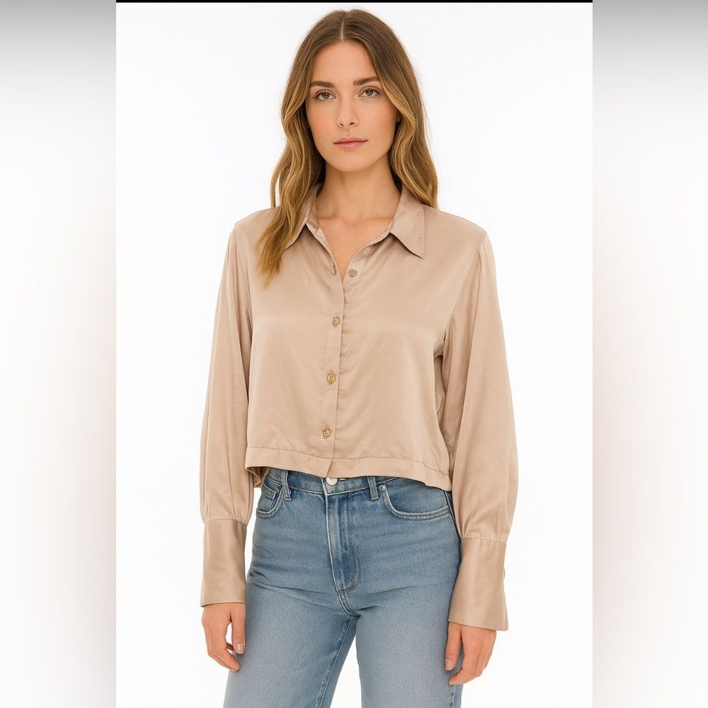 Vintage 90’s Y2K Sostanza Tan Raw 100% Silk Long Sleeve Button Up Sz L